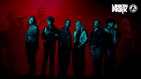 Foto de la banda de rock Linkin Park sobre un fondo rojo